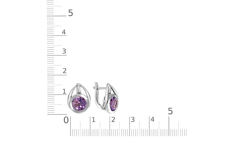 Серьги из белого золота с 2 аметистами и 36 фианитами