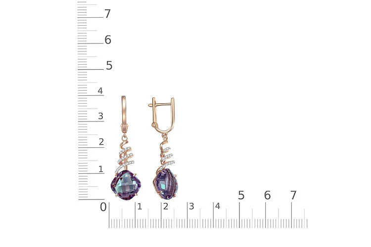 Серьги из красного золота с 2 александритами и 36 фианитами