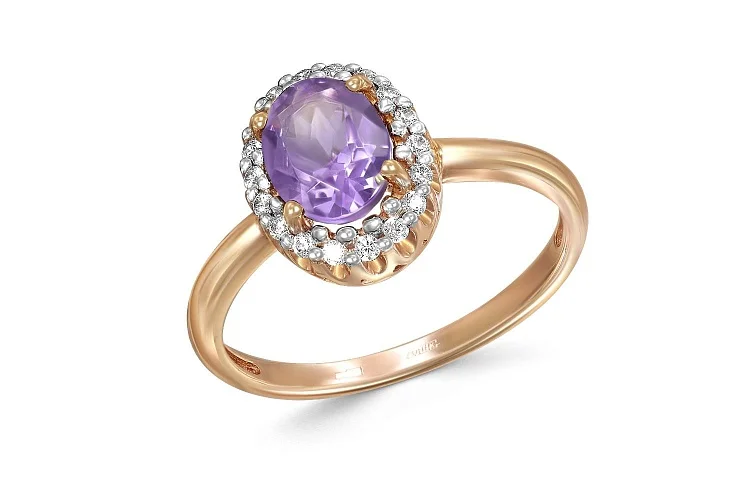 Кольцо из красного золота с аметистом и 18 фианитами