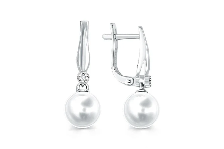 Серьги из белого золота с 2 жемчужинами и 12 бриллиантами