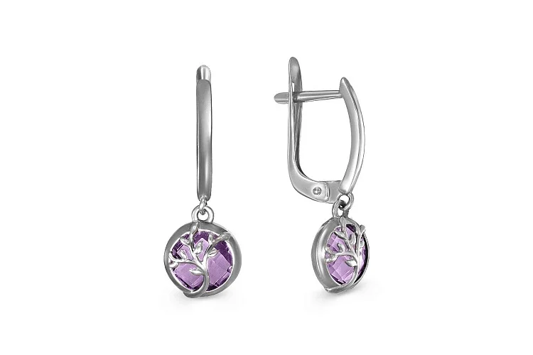 Серьги Веточки из белого золота с 2 аметистами