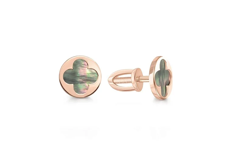 Серьги-пусеты Клевер из красного золота с перламутром