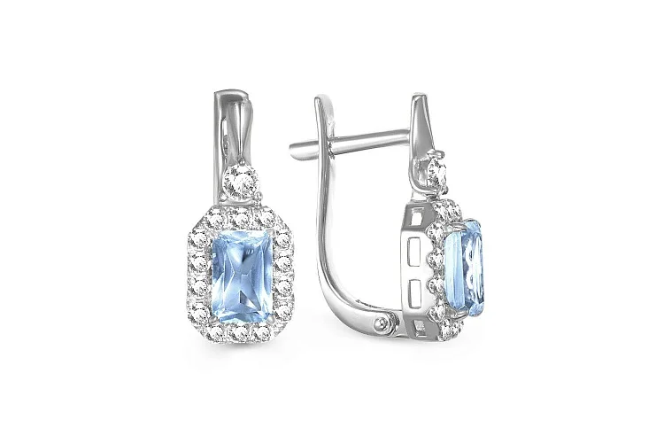 Серьги из белого золота с 2 топазами sky и 30 фианитами