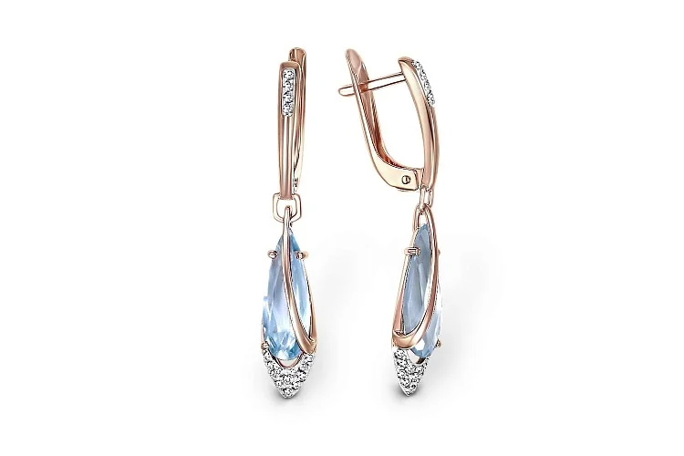 Серьги из красного золота с 2 ситаллами и 32 фианитами