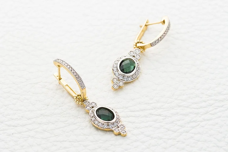 Серьги-трансформеры из жёлтого золота с 2 кварцами и 70 фианитами