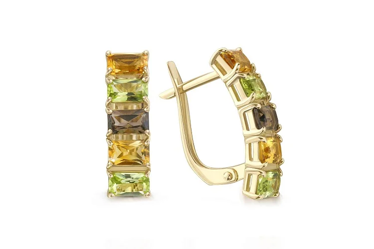 Серьги из жёлтого золота с раухтопазами, хризолитами и цитринами