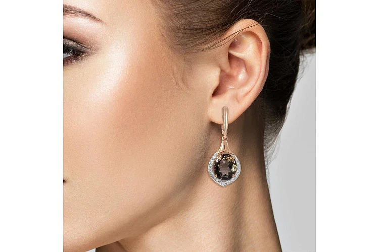 Серьги из красного золота с 2 раухтопазами и 54 фианитами