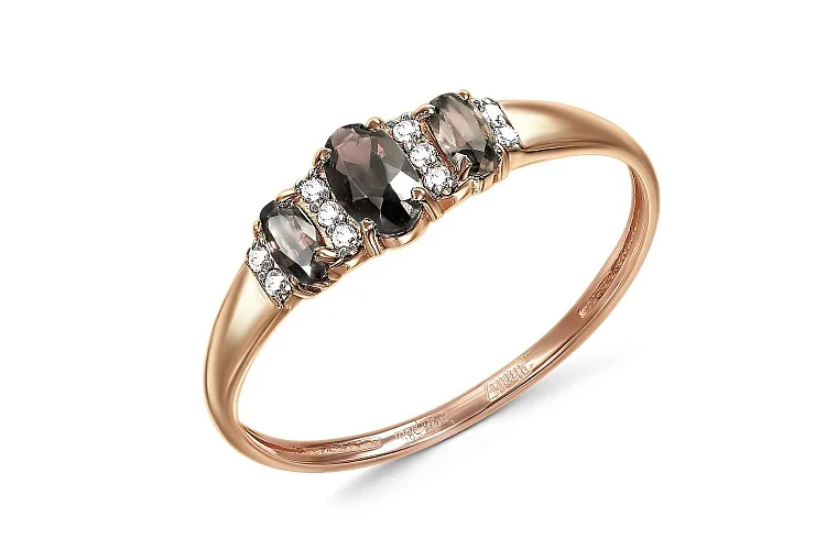 Кольцо из красного золота с 3 раухтопазами и 10 фианитами