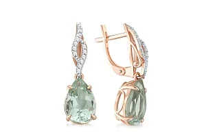Серьги из красного золота с 2 празиолитами и 24 фианитами