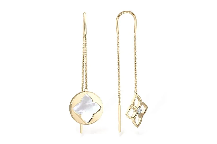 Серьги-продёвки Клевер из жёлтого золота с перламутром и фианитом