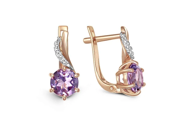 Серьги из красного золота с 2 аметистами и 10 фианитами