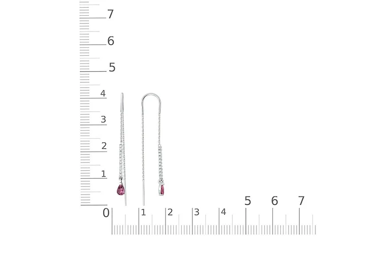 Серьги-продёвки Дорожки из белого золота с 2 родолитами и 20 фианитами