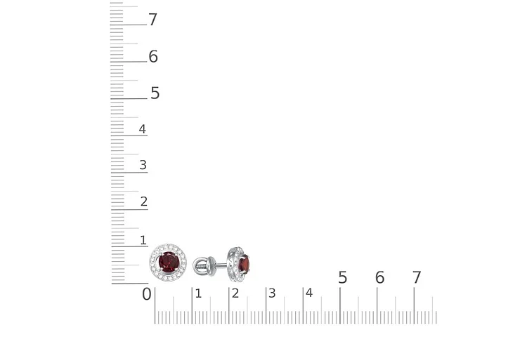 Серьги-пусеты Круги из белого золота с 2 гранатами и 40 фианитами