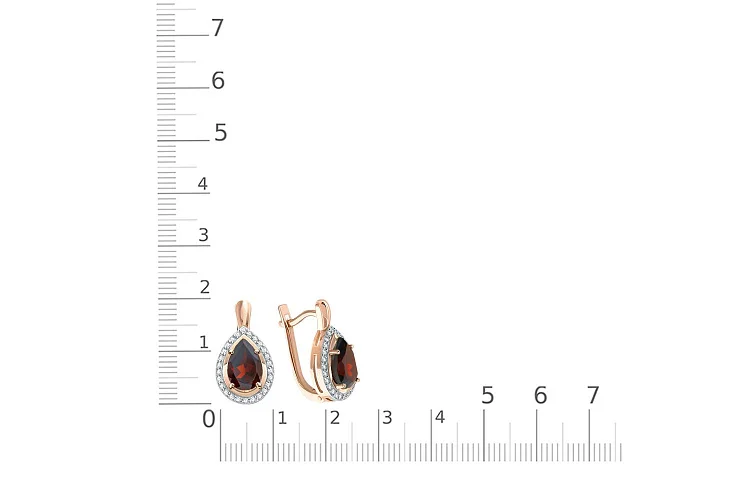 Серьги из красного золота с 2 гранатами и 52 фианитами