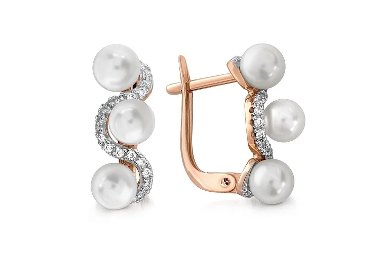 Серьги из красного золота с 6 жемчужинами и 40 фианитами