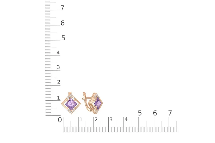 Серьги Квадраты из красного золота с 2 аметистами и 20 фианитами