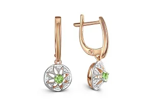 Серьги Цветы из красного золота с 2 хризолитами и 16 фианитами