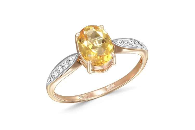 Кольцо из красного золота с цитрином и 10 фианитами