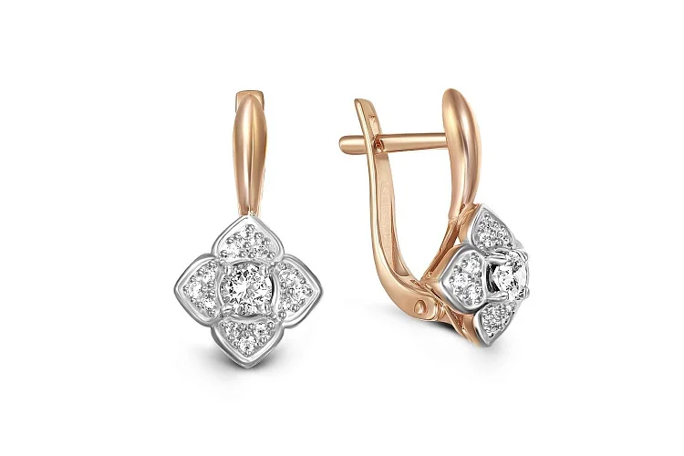 Серьги Цветы из красного золота с 26 фианитами