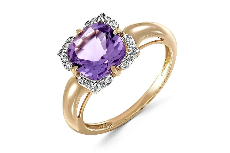Кольцо из жёлтого золота с аметистом и 20 фианитами