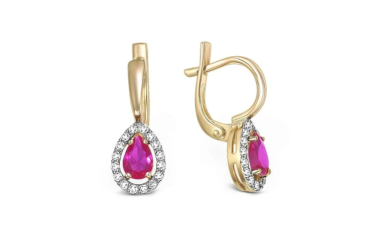 Серьги из жёлтого золота с 2 рубинами и 32 бриллиантами