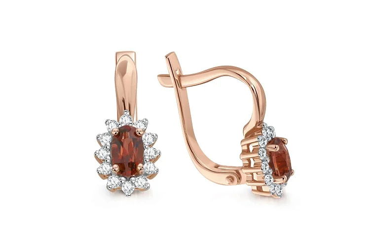 Серьги из красного золота с 2 гранатами и 24 фианитами