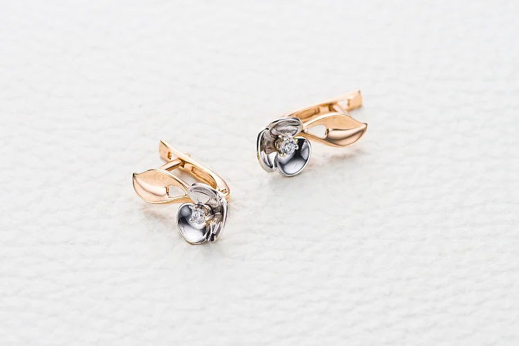 Серьги Цветы из красного золота с 2 фианитами