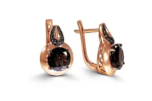 Серьги из красного золота с 2 раухтопазами и 16 фианитами