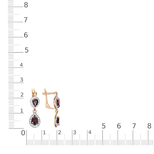 Серьги из красного золота с 4 гранатами и 64 фианитами
