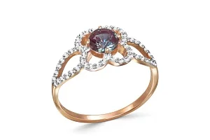 Кольцо Клевер из красного золота с александритом и 48 фианитами