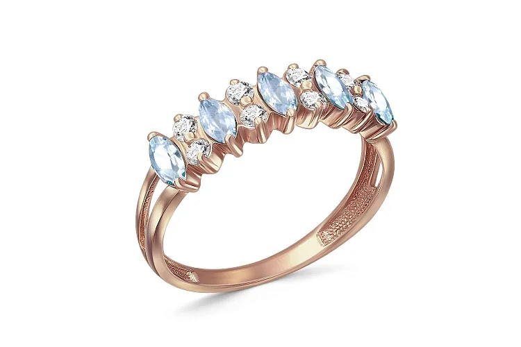 Кольцо из красного золота с 5 топазами sky и 8 фианитами