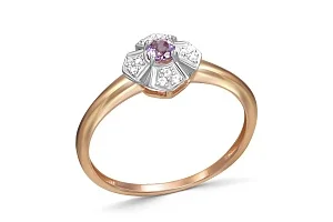 Кольцо Цветок из красного золота с аметистом и 12 фианитами