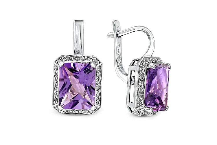 Серьги из белого золота с 2 аметистами и 52 фианитами