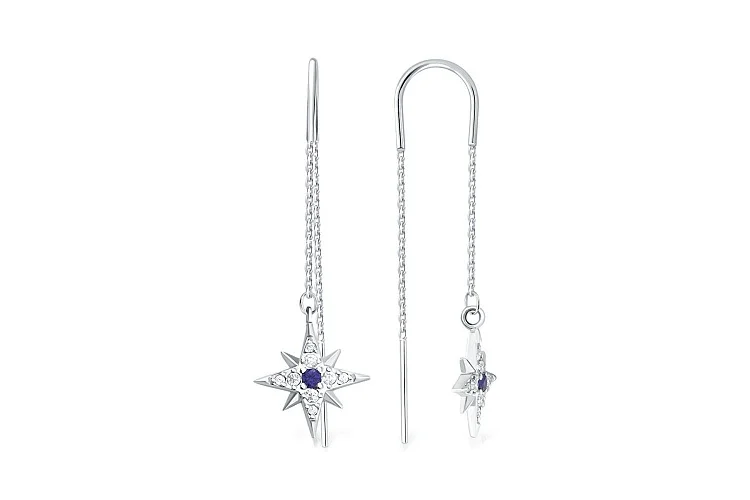 Серьги-продёвки Звезды из белого золота с 2 корундами и 16 фианитами
