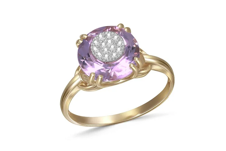 Кольцо из жёлтого золота с аметистом и 14 бриллиантами