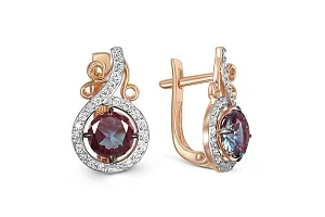 Серьги из красного золота с 2 александритами и 44 фианитами