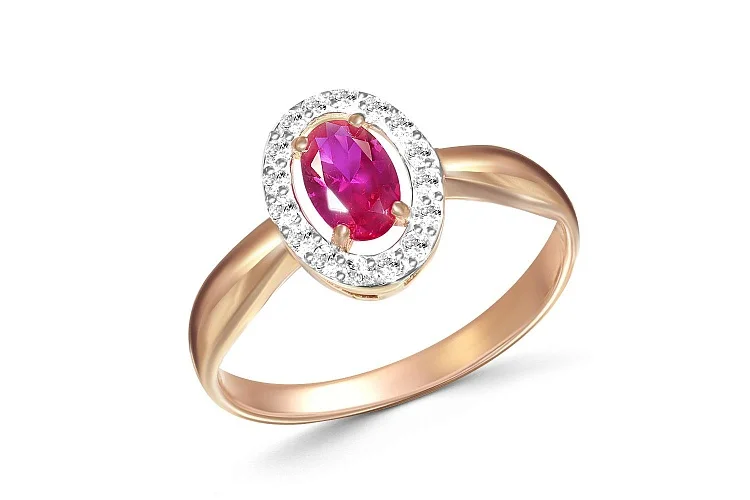 Кольцо из красного золота с корундом и 16 бриллиантами