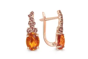 Серьги из красного золота с янтарём и 16 фианитами