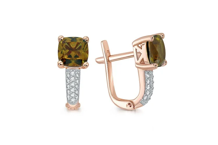 Серьги из красного золота с 2 султанитами и 32 фианитами