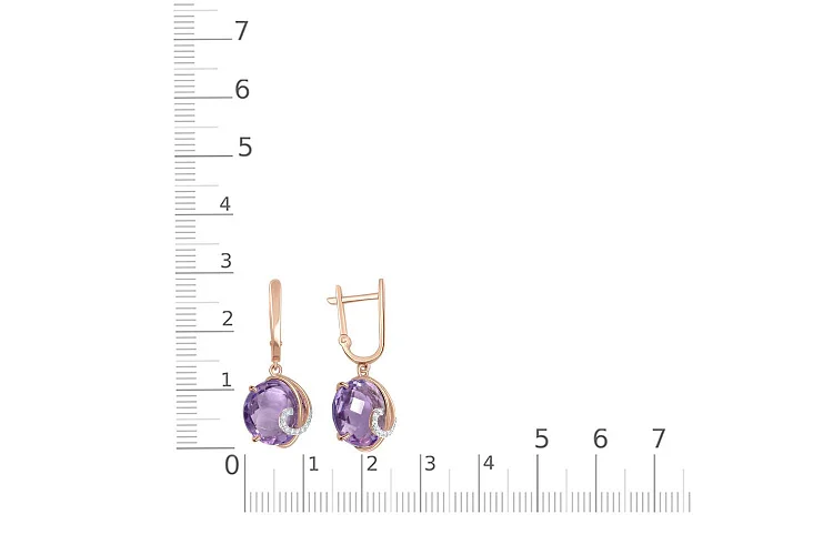 Серьги из красного золота с 2 аметистами и 16 фианитами