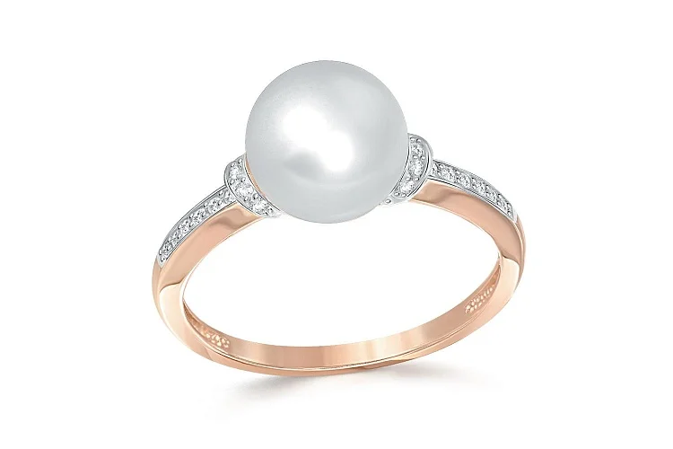 Кольцо из красного золота с жемчугом и 22 фианитами