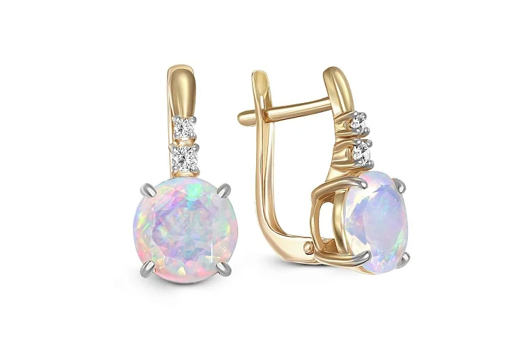 Серьги из жёлтого золота с 2 опалами и 4 фианитами