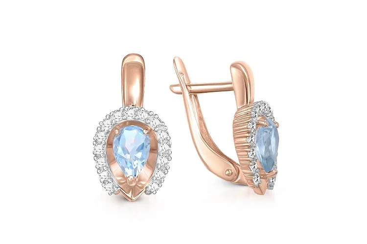Серьги из красного золота с 2 топазами sky и 30 фианитами