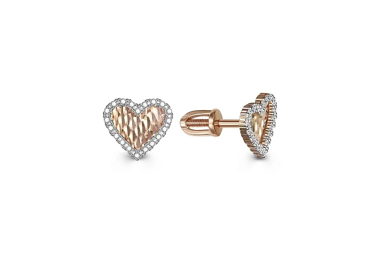 Серьги-пусеты Сердца из красного золота с 40 фианитами