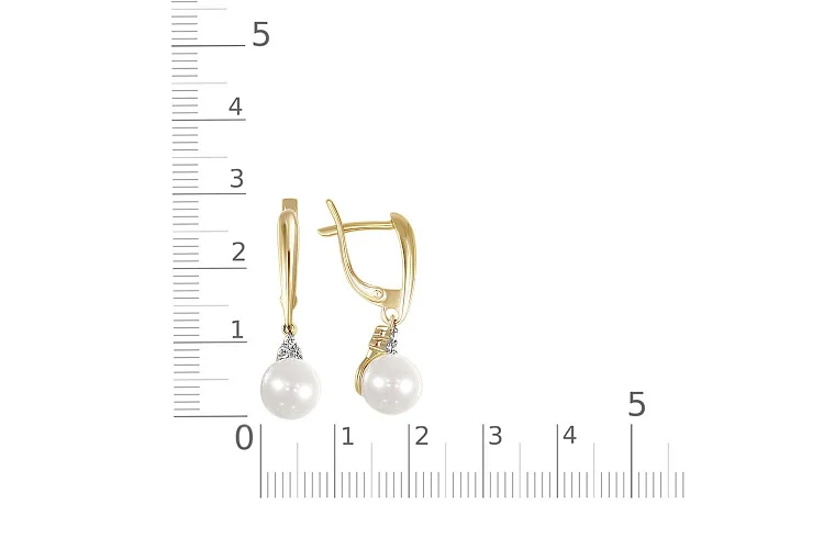 Серьги из жёлтого золота с 2 жемчужинами и 6 бриллиантами