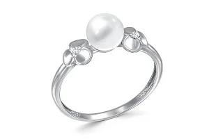 Кольцо Цветок из белого золота с жемчугом и 2 фианитами