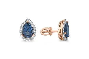 Серьги-пусеты из красного золота с 2 топазами лондон и 46 фианитами