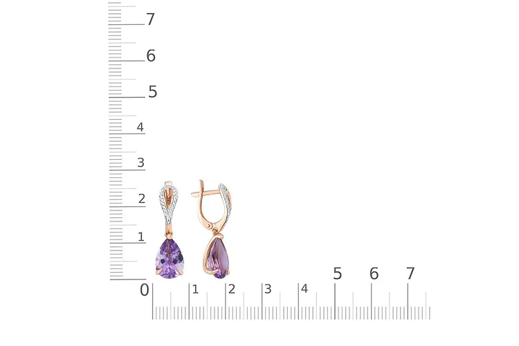 Серьги из красного золота с 2 аметистами и 40 фианитами