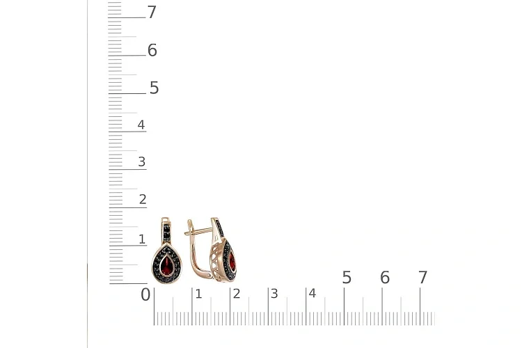 Серьги из красного золота с 2 гранатами и 36 фианитами