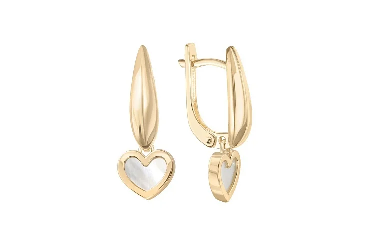 Серьги Сердца из жёлтого золота с перламутром